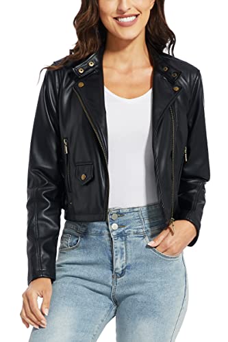 Fahsyee Faux Leather Jacket Women - Black Motorcycle Cropped Short Coat Moto Biker Blazer Slim Size Casual Soft Jackets Fashion M