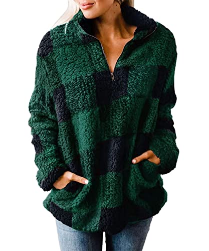 ZESICA Women's Plaid Long Sleeve Zipper Sherpa Fleece Sweatshirt Pullover Jacket Coat,Green,Small