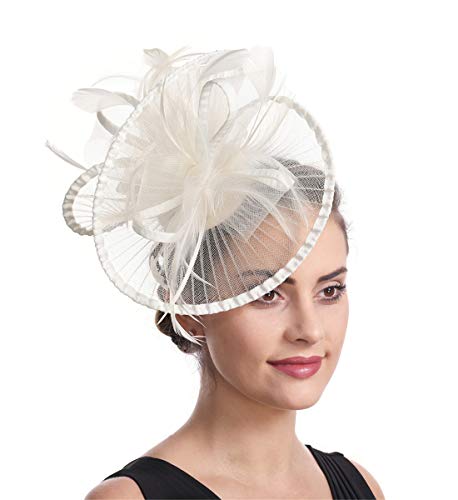 Lucky Leaf Women Girl Fascinators Hair Clip Hairpin Hat Feather Cocktail Wedding Tea Party Hat (2-Ivory White)