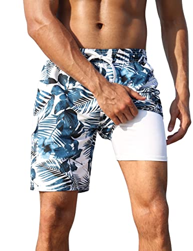Nonwe Men's Bathing Suit 8 Inch Inseam Boardshorts Relaxed Fit Compression Lined Swim Shorts Blue&White 32