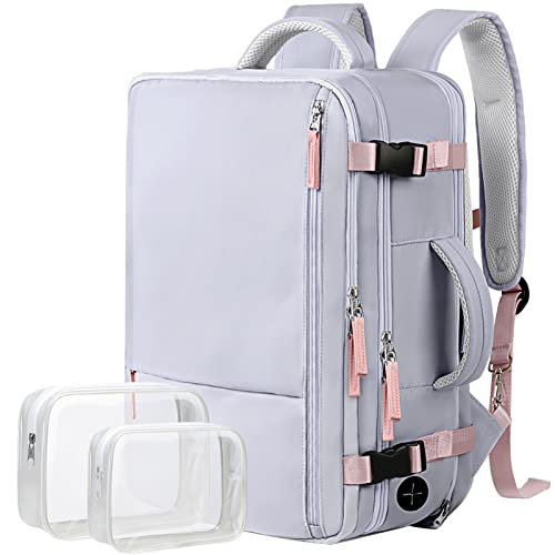Hanples Extra Large Travel Backpack for Women as Person Item Flight Approved, Waterproof 40L Carry On Backpack, 17 Inch Laptop Backpack For Hiking Casual Bag (Gray Purple)