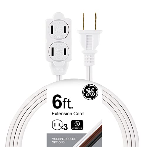 GE 3-Outlet Extension Cord with Multiple Outlets 6 Ft Extension Cord Power Strip 2 Prong 16 Gauge Twist-to-Close Safety Outlet Covers Outdoor Extension Cord Outlet Extender UL Listed White 51937
