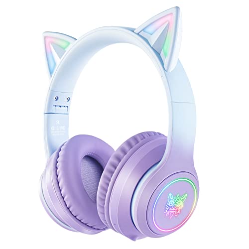 SIMGAL Bluetooth Cat Ear Headphones for Kids, Wireless & Wired Mode Foldable Headset with Mic, RGB LED Light, for Girls School Gaming, Compatible with Mobile Phones PC Tablet