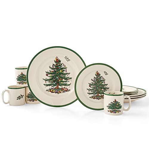 Spode Christmas Tree 12 Piece Dinnerware Set | Service for 4 | Dinner Plate, Salad Plate, and Mug | Made of Fine Earthenware | Microwave and Dishwasher Safe