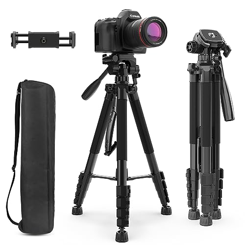 Aureday 74’’ Camera Tripod with Travel Bag,Cell Phone Tripod with Wireless Remote and Phone Holder, Compatible with DSLR Cameras,Cell Phones,Projector,Webcam,Spotting Scopes(Black)