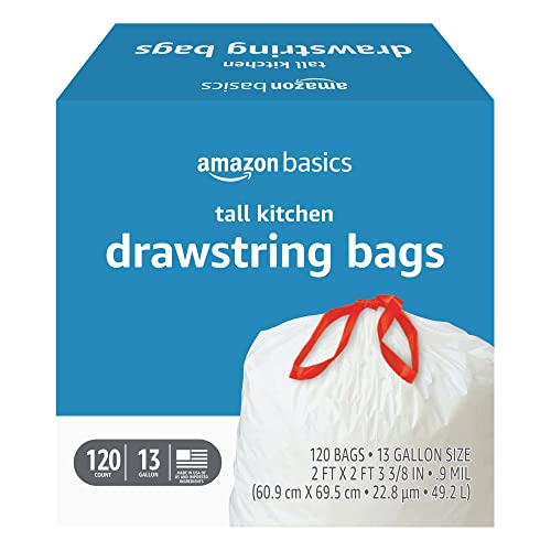 Amazon Basics Tall Kitchen Drawstring Trash Bags, 13 Gallon, 120 Count