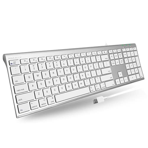 Macally Ultra Slim USB Wired Computer Keyboard - Compatible Apple Keyboard or Windows - Full Size Keyboard with 20 Mac Keyboard Keys - Low Profile Keyboard for iMac Desktop, Macbook Pro/Air