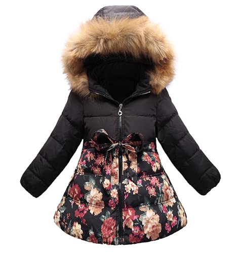 SS&CC Girls' Long Flower Printing Bowknot Winter Hooded Down Jacket 8-10 Years