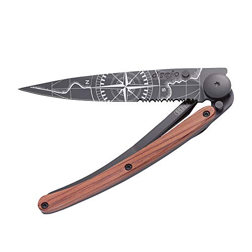 deejo - Serrated 1.3OZ, Coral Wood, Black Titanium, Terra Incognita - Ultra-Light Pocket Folding Knife with a Belt Clip - Stainless Steel Z40C13