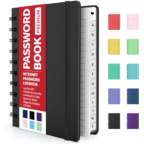 Forvencer Password Book with Individual Alphabetical Tabs, 4' x 5.5' Small Password Notebook, Spiral Password Keeper, Internet Address and Password Organizer, Password Logbook for Home Office, Black