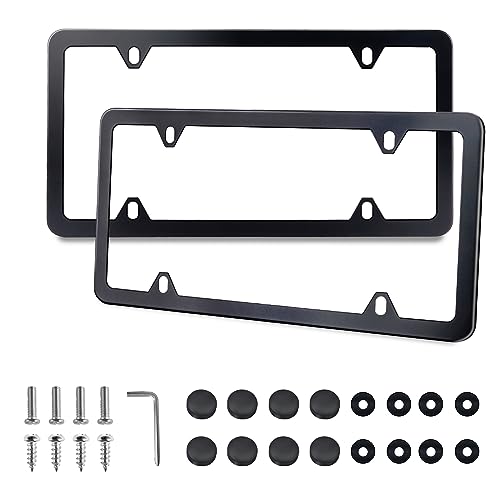 License Plate Frames Black, 2Pcs 4 Hole License Plate Holders, License Plate Frame Stainless Steel, Universal US Car License Plate Covers with Screws Washers Caps, by Lrokimg