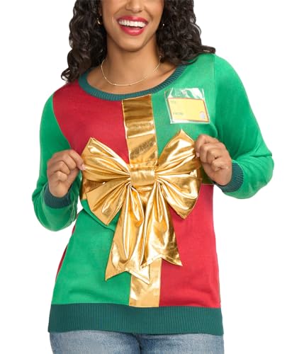 Tipsy Elves Ugly Christmas Sweater for Women - Cute Holiday Wrapping Paper Present Pullover Size Large