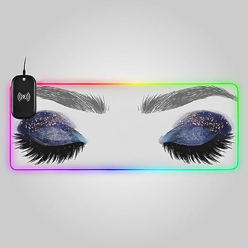 VIGTRO 15W Wireless Charging Pad, Gaming Mouse Pad 14 Light Modes RGB Galaxy Gold Glitter Eyeshadow, Closed Eyes Makeup Non-Slip Keyboard Mat for PC, Laptop 31.5x11.8in