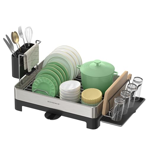 SONGMICS Dish Drying Rack, Stainless Steel Dish Rack with Rotatable Spout, Drainboard, Fingerprint-Resistant Dish Drainers for Kitchen Counter, 12.5 x 22.5 in, Silver and Black UKCS030B01