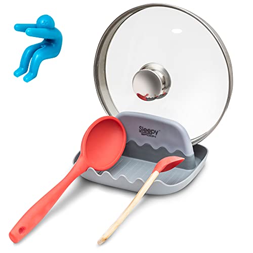 SleepySpoon Rest with Pot Lid Holder – Cool Kitchen Gadget Keeps Countertops Clean - Includes Bonus Silicone Lid Lifter