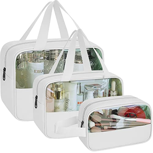 Noozion Clear Frosted Makeup Bag 3 Pieces Toiletry Bag Portable Cosmetic Pouch Travel Organizer Water-resistant Translucent Purse for Women and Girls (White)