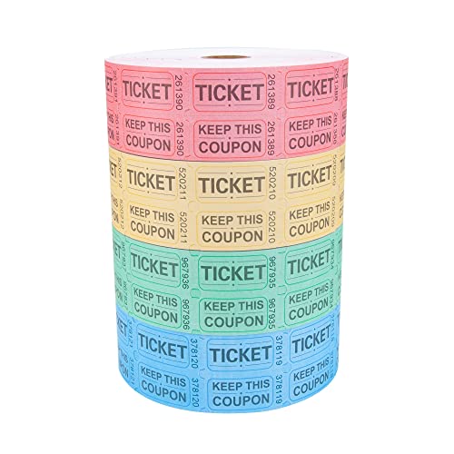 Essential 8000 Assorted Raffle Tickets Rolls Double Raffle Tickets Set of 4 Assorted Colors Raffle Tickets Printable for Leisure, Movie Watching, Entertainment