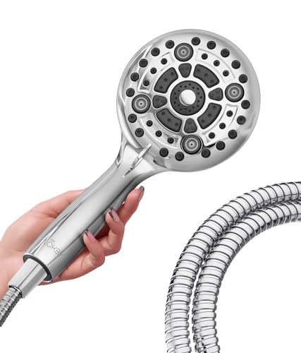 LOKBY High Pressure 6-Settings Shower Head with Handheld - 5'' Powerful Detachable Shower Head Set for low water pressure - 59'' Stainless Steel Hose - Tool-less 1-Min Installation - Chrome