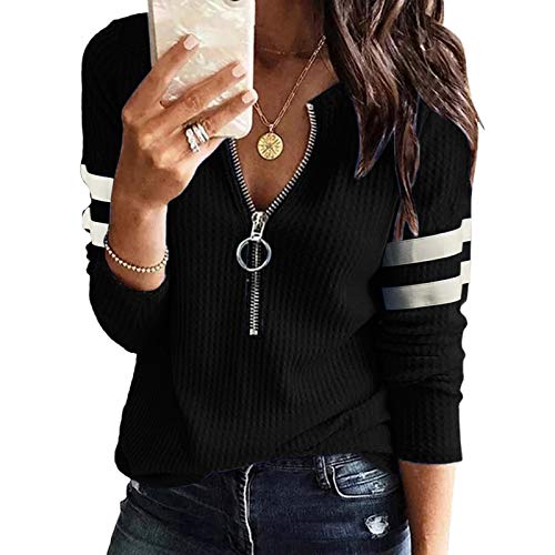 Wirziis Womens Tunics Waffle Knit Sweaters Fall Fashion Long Sleeve Henley Shirt Button Up V Neck Loose Thermal Tunic Tops, 03#black