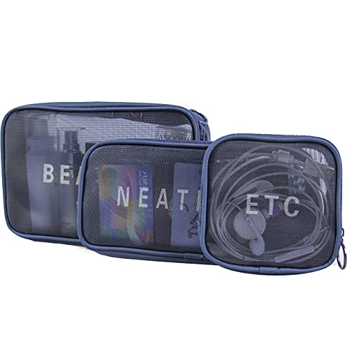 WildWave Travel Mesh Makeup Bags Set 3 Pieces See Through Zipper Pouch Cosmetic and Toiletry Organizer Bag Travel Accessories 3 Pack of S M L(Navy blue)