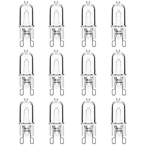 Jaenmsa G9 Halogen Light Bulbs, 12 Pack G9 Bulb 2 Pin Base JCD Type, 120V T4 Bi-Pin 40W Xenon Small Light Bulb for Range Hood Lights, Microwave Ovens, Bathroom Light Bulbs, Chandeliers, Dimmable