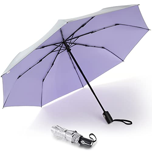 G4Free UPF 50+ UV Protection Travel Umbrella 46 Inch Windproof Silver Coating Sun Blocking Umbrella (Light Purple/Silver)