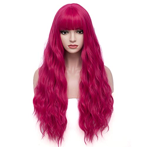 BERON 27 Inches Dark Pink Wig with Bangs Hot Pink Wig for Women Fluffy Wavy Heat Resistant Synthetic Wig (Hot Pink)