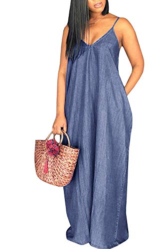 Chuanqi Womens Summer Spaghetti Strap Dresses Casual Denim Deep V Neck Loose Maxi Dress