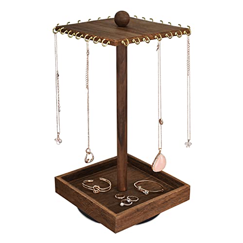 Ikee Design Wooden Rotating Jewelry Organizer, Jewelry Display Tower for Necklace & Bracelet, Rotating Necklace Holder Jewelry Stand for Shows, Brown Color, 7.88 W x 7.88 D x 16 H in