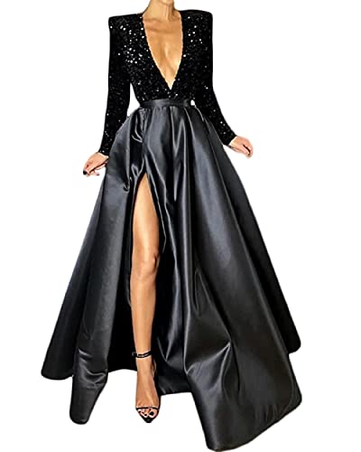 Engerla Sexy V Neck Long Sleeve Prom Dress Black A-Line Sparkle Party Formal Split Evening Dress12