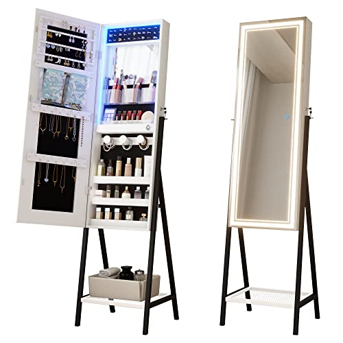 Vlsrka Mirror Jewelry Cabinet Standing with LED, Jewelry Mirror Full Length with Built-in Makeup Mirror & Lights, Large Jewelry Armoire Cabinet for Earrings Necklaces Cosmetic (White)