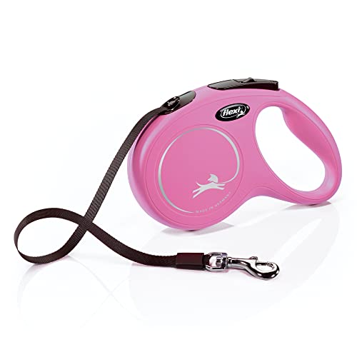 FLEXI New Classic Retractable Dog Leash (Tape), Ergonomic, Durable and Tangle Free Pet Walking Leash for Dogs, 16 ft, Medium, Pink