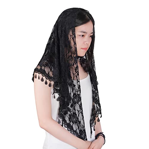 Lystaii Mass Veil Triangle Mantilla Triangle Lace Infinity Veils Cathedral Head Covering Latin Church Veil Chapel Scarf (Black)