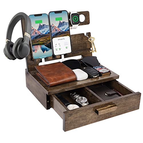 ZAPUVO Gifts for Dad Christmas Xmas from Daughter Son, Wood Phone Docking Station with Drawer Nightstand Organizer for Men, Anniversary Birthday Gift Ideas for Husband Him from Wife Stocking Stuffers