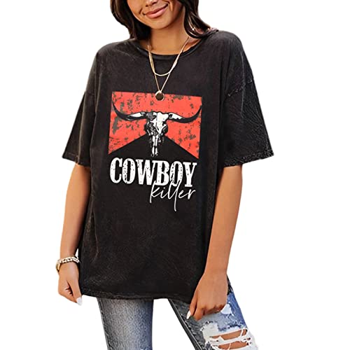 Cowboy Killer Shirt for Women Western Vintage Rodeo T-Shirt Retro Bull Skull Graphic Tee Summer Casual Short Sleeve Top(Charcoal Black,L)