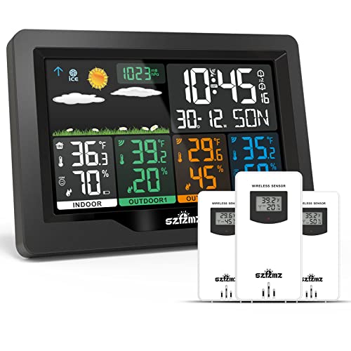 Weather Stations Wireless Indoor Outdoor with Multiple Sensors, SZFZMZ Color Display Weather Station Indoor Outdoor Thermometer Wireless Weather Forecast Station, Digital Atomic Clock with Backlight