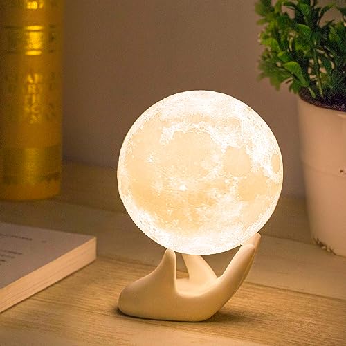 Mydethun Moon Lamp - Home Décor, Mood Lighting with Brightness Control, LED Night Light, Bedroom, Sleep Training Meditation,Birthday Gifts for Kids Women, Ceramic Hand Base, 3.5', White & Yellow