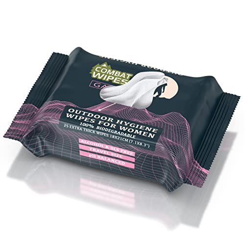 Combat Wipes Gaia - Feminine Hygiene Outdoor Wet Wipes - Extra Thick, Ultralight, Biodegradable, pH Balanced Body & Hand Cleansing Cloths for Women w/Aloe (1 Pack, 25 Wipes)