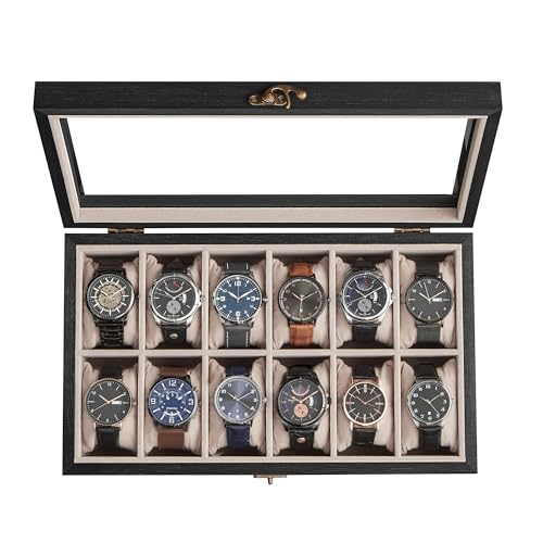 SONGMICS Watch Box, 12-Slot Watch Case, Solid Wood Watch Box Organizer with Glass Lid, Watch Display Case with Removable Pillows, Gift for Loved Ones, Ebony Black UJOW120B01