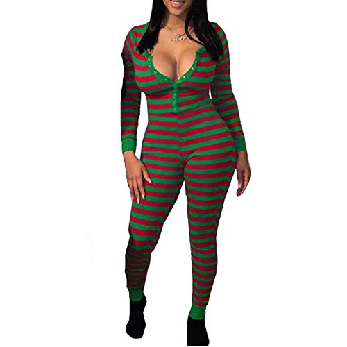 Women's V Neck Long Sleeve Jumpsuit Bodycon One Piece Pajamas Bodysuit Romper Sleepwear (Striped-Green, L)