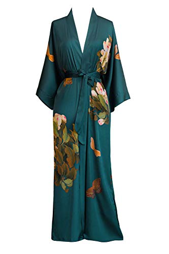 Women's Charmeuse Kimono Robe Long - Watercolor Floral - Peony & Butterfly- Vintage Teal (blue), Charmeuse Kimono Robes for Women and Men with Floral Designs, 54 inches in Length, One Size Fits Most.