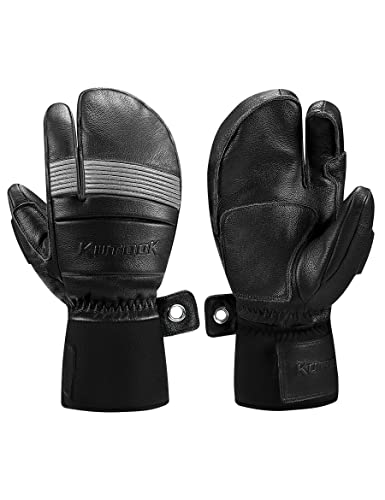 KUTOOK Ski Mittens Three Fingers Thermal 3M Thinsulate Waterproof Snowboard Gloves Winter for Cold Weather Snowmobile Black Large