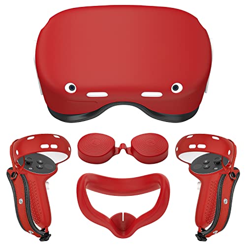 AIXOTO Accessories for Oculus Quest 2, All-in-one Set for Quest 2, Controller Grips Cover Quest 2 Silicone Face Cover Lens Protective Cover VR Shell Cover with Disposable Eye Cover (Wine Red)