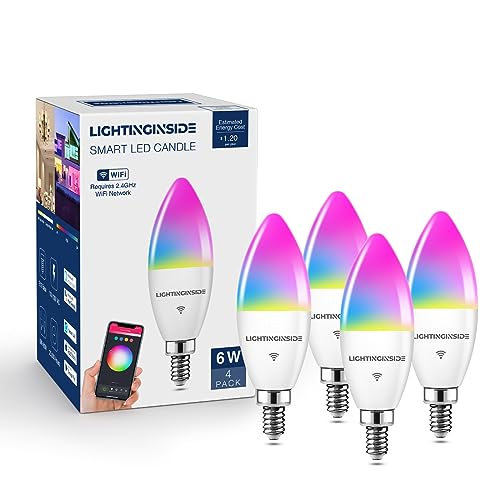 Smart Candelabra LED Bulbs, 60 Watt Equivalent, 6W 500lm, E12 LED Bulbs Work with Alexa and Google Assistant, 2700-6500K+RGB, APP Control, No Hub Required, Timer, 2.4GHz WiFi Only, ETL Listed, 4PCS