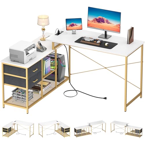 Homieasy Reversible L Shaped Desk with Power Outlet, Corner Computer Desk with Drawers and Storage Shelves, L-Shaped Long Home Office Desk Study Writing Desk Gaming Desk, White & Gold