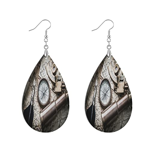 Vintage Compass Sextant Spyglass Old Map Wooden Earrings Teardrop Earrings Watertrop Shape 3.6x1.6 Inches Lightweight Pendant Drop Earrings for Women Girls