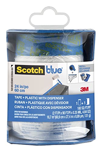 Scotch Painter's Tape Pre-Taped Painter's Plastic with Dispenser, Prepares and Protects in One Easy Step, Multi-Surface Painter's Tape and Plastic for Indoor Use, 24 Inches x 30 Yards, 1 Roll
