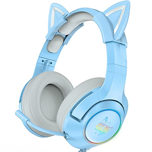 SIMGAL Blue Gaming Headset with Removable Cat Ears, Compatible with PC PS4 PS5 Xbox One(Adapter Not Included) Mobile Phones, with Surround Sound, RGB Backlight & Noise Canceling Retractable Microphone