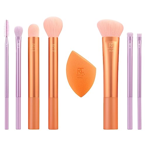 Real Techniques Level Up Brush And Sponge Kit, Makeup Brushes For Eyeshadow, Foundation, Blush, & Bronzer, Blending Sponge, Professional Quality Tools, Synthetic Bristles, 8 Piece Set