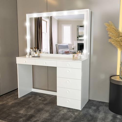 Boahaus Diana Modern Vanity Makeup Desk with Hollywood Vanity Mirror, Built-in Lights, 7 Drawers, Power Outlet, White Makeup Desk for Bedroom